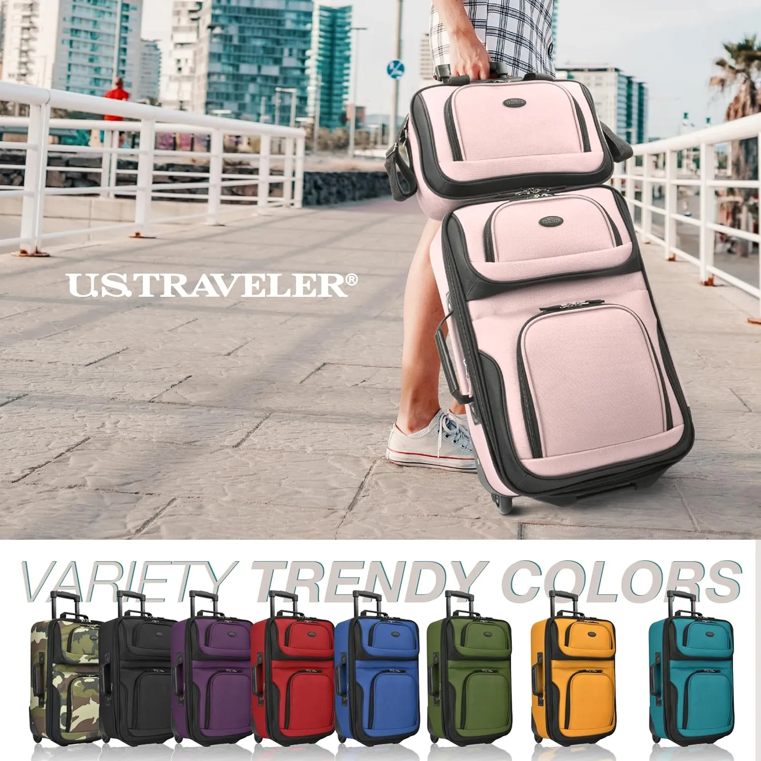 U.S. Traveler Rio Rugged Fabric Expandable Carry-on Luggage, 2 Rolling Suitcase, Pink, 2 Wheel-2 Piece
