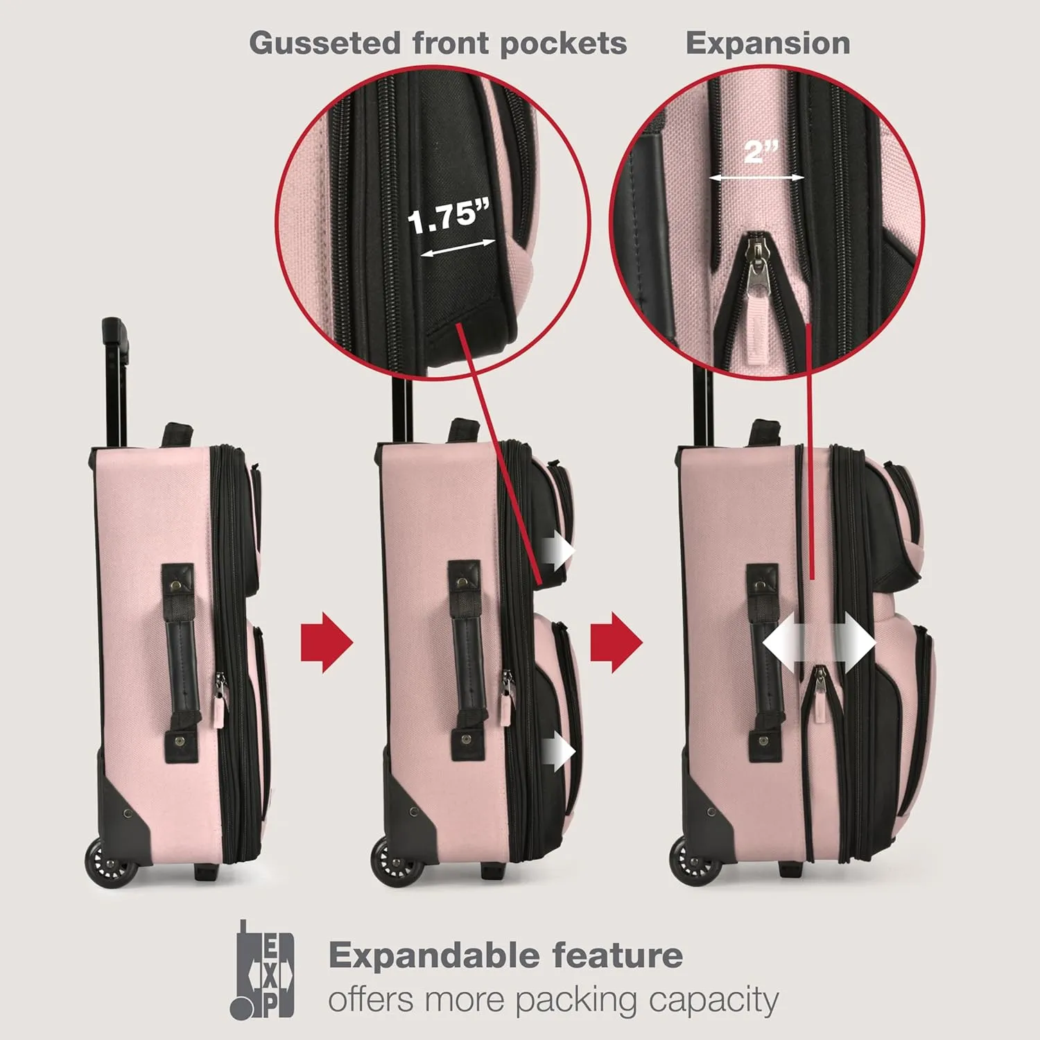 U.S. Traveler Rio Rugged Fabric Expandable Carry-on Luggage, 2 Rolling Suitcase, Pink, 2 Wheel-2 Piece