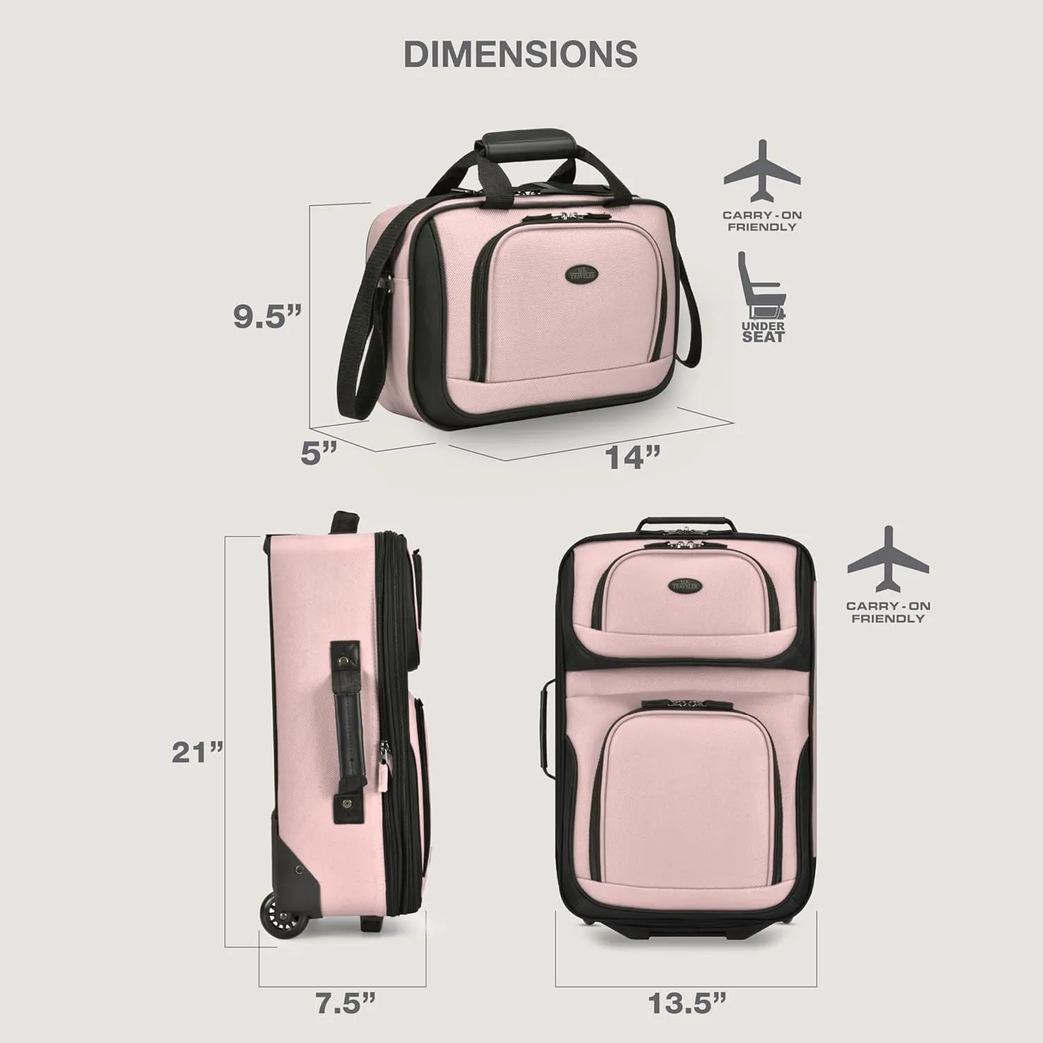 U.S. Traveler Rio Rugged Fabric Expandable Carry-on Luggage, 2 Rolling Suitcase, Pink, 2 Wheel-2 Piece