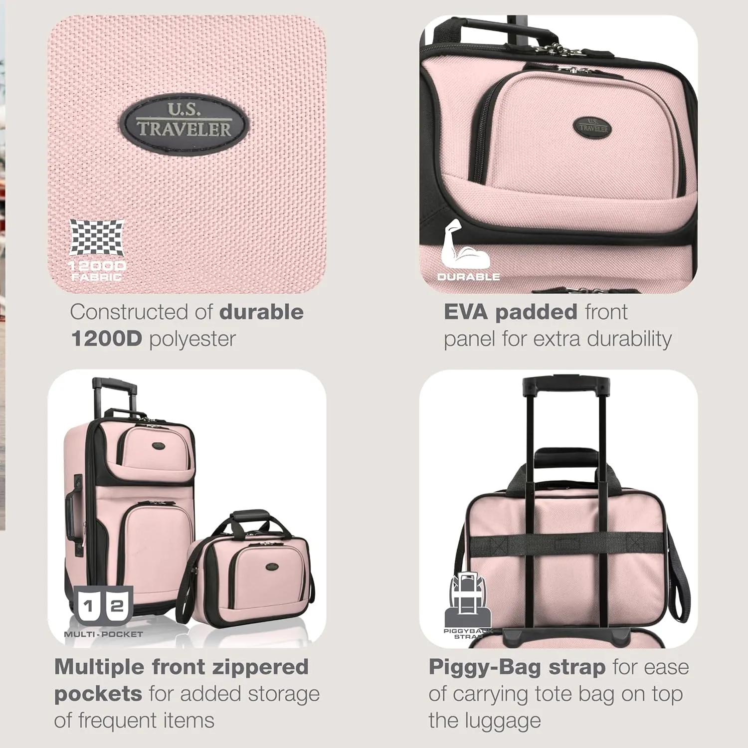 U.S. Traveler Rio Rugged Fabric Expandable Carry-on Luggage, 2 Rolling Suitcase, Pink, 2 Wheel-2 Piece