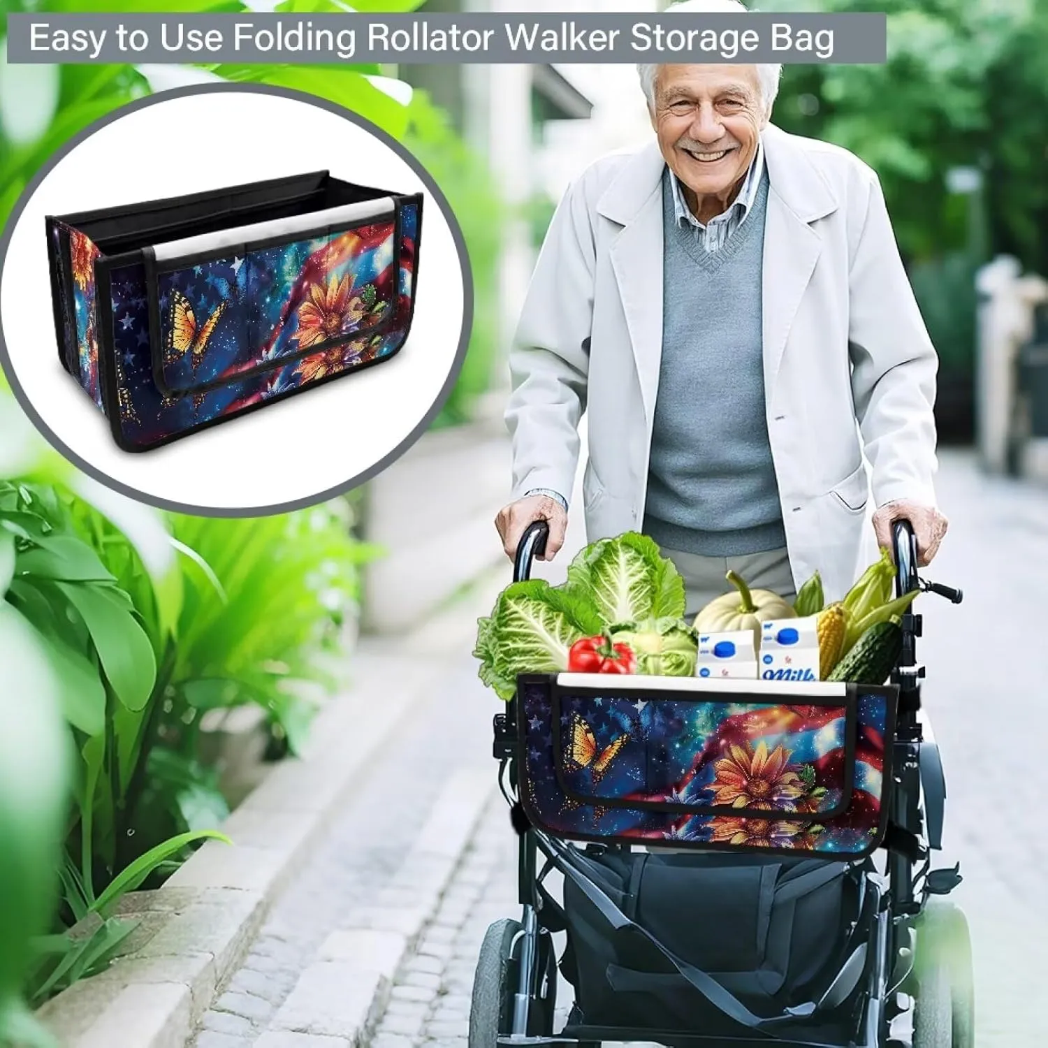 USA Flag Flower Butterfly Rollator Bag Folding Bag Tote Organizer Pouch Storage to Walkers for Senoirs Walker Accessories for Elderly Senior