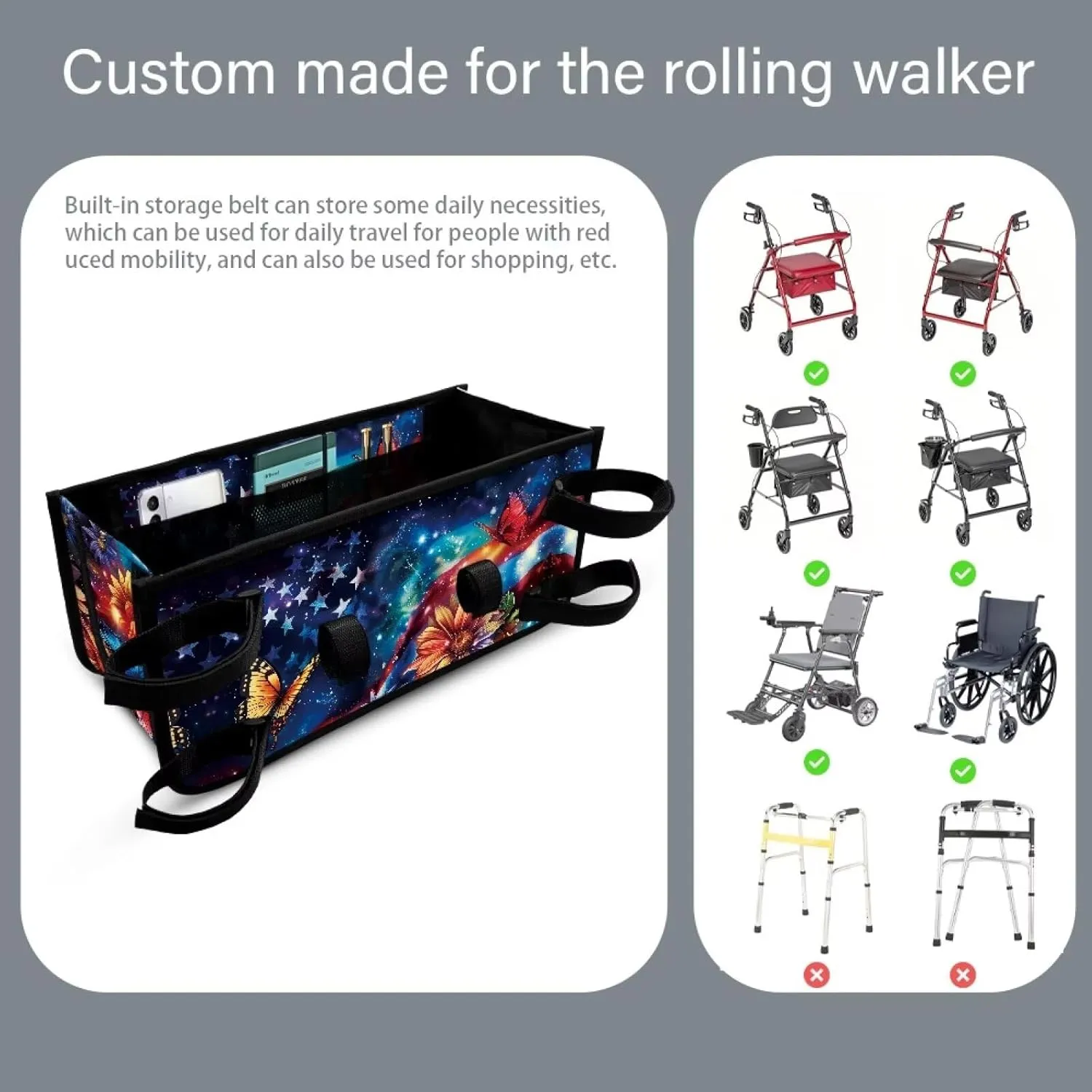 USA Flag Flower Butterfly Rollator Bag Folding Bag Tote Organizer Pouch Storage to Walkers for Senoirs Walker Accessories for Elderly Senior
