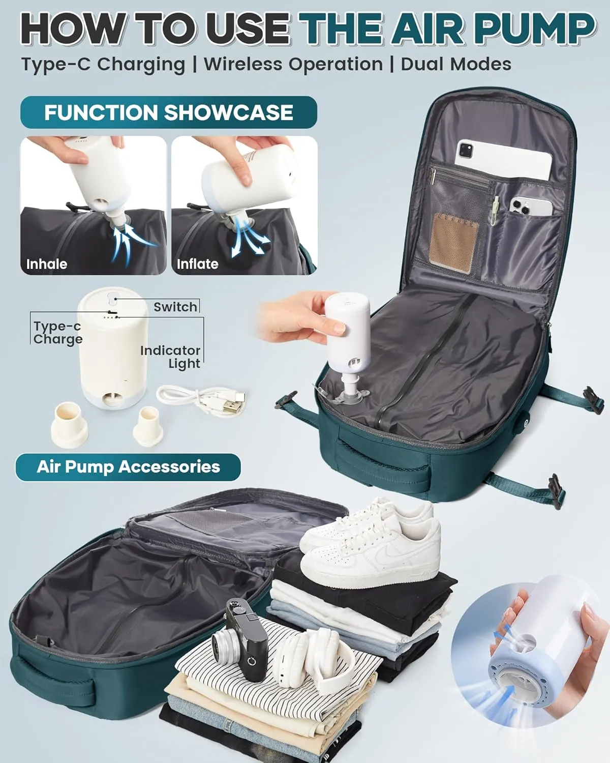 Vacuum Backpack Travel Compression Bags with Air Pump for Carry On Luggage Airback Seal Backpack for Men Waterproof 18x14x8 inches Personal Item Travel Bag with Vacuum Compression for Women -Dark Blue