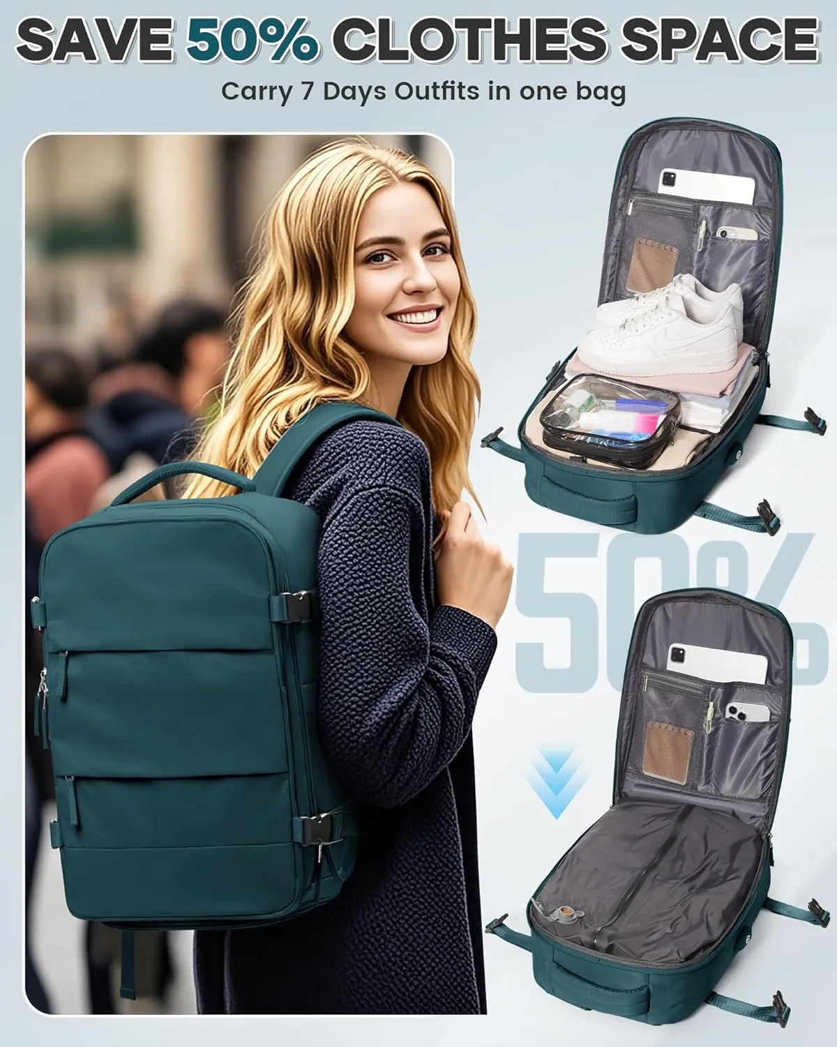 Vacuum Backpack Travel Compression Bags with Air Pump for Carry On Luggage Airback Seal Backpack for Men Waterproof 18x14x8 inches Personal Item Travel Bag with Vacuum Compression for Women -Dark Blue