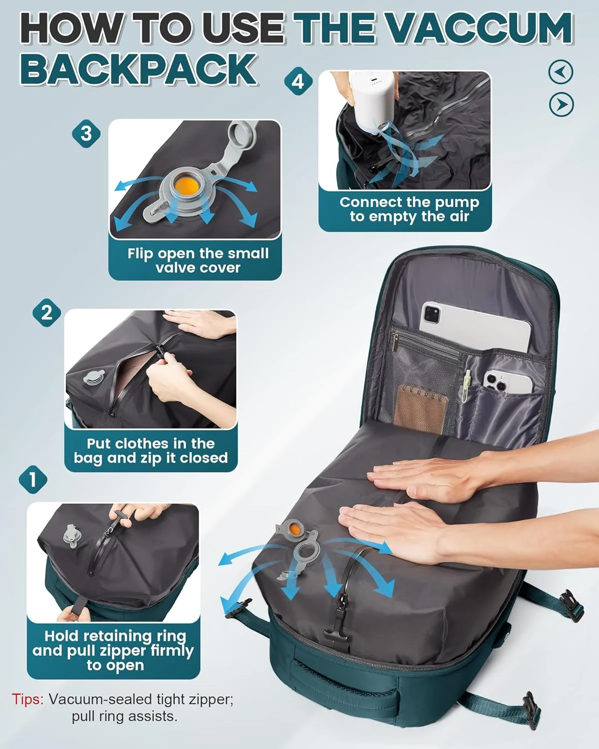 Vacuum Backpack Travel Compression Bags with Air Pump for Carry On Luggage Airback Seal Backpack for Men Waterproof 18x14x8 inches Personal Item Travel Bag with Vacuum Compression for Women -Dark Blue