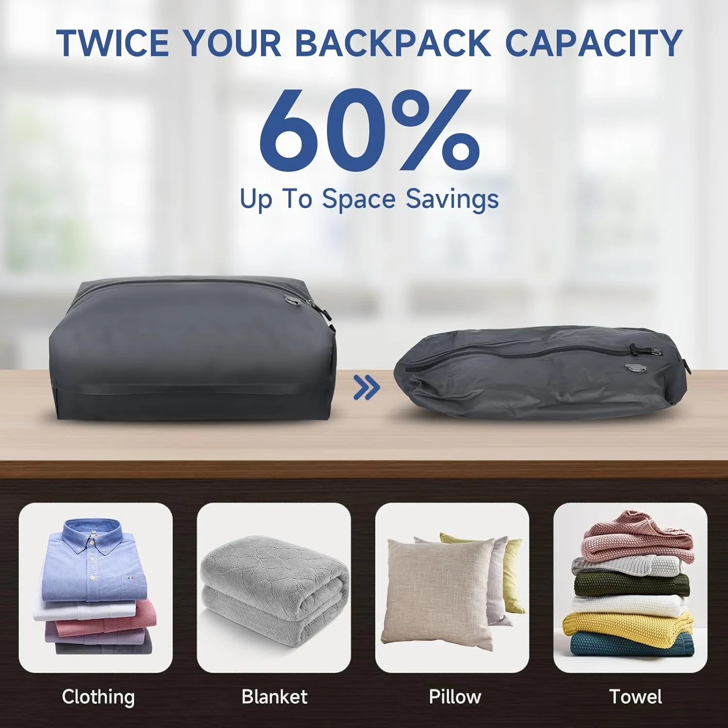 Vacuum bags for travel,23.5L Reusable compression bag with Waterproof Zipper, Space Saver Bags for Suitcases Backpack Travel and business(1PC No Pump)
