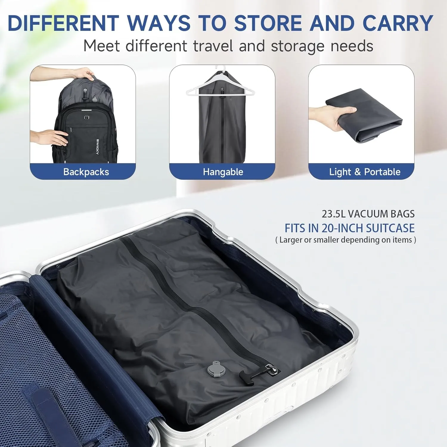 Vacuum bags for travel,23.5L Reusable compression bag with Waterproof Zipper, Space Saver Bags for Suitcases Backpack Travel and business(1PC No Pump)