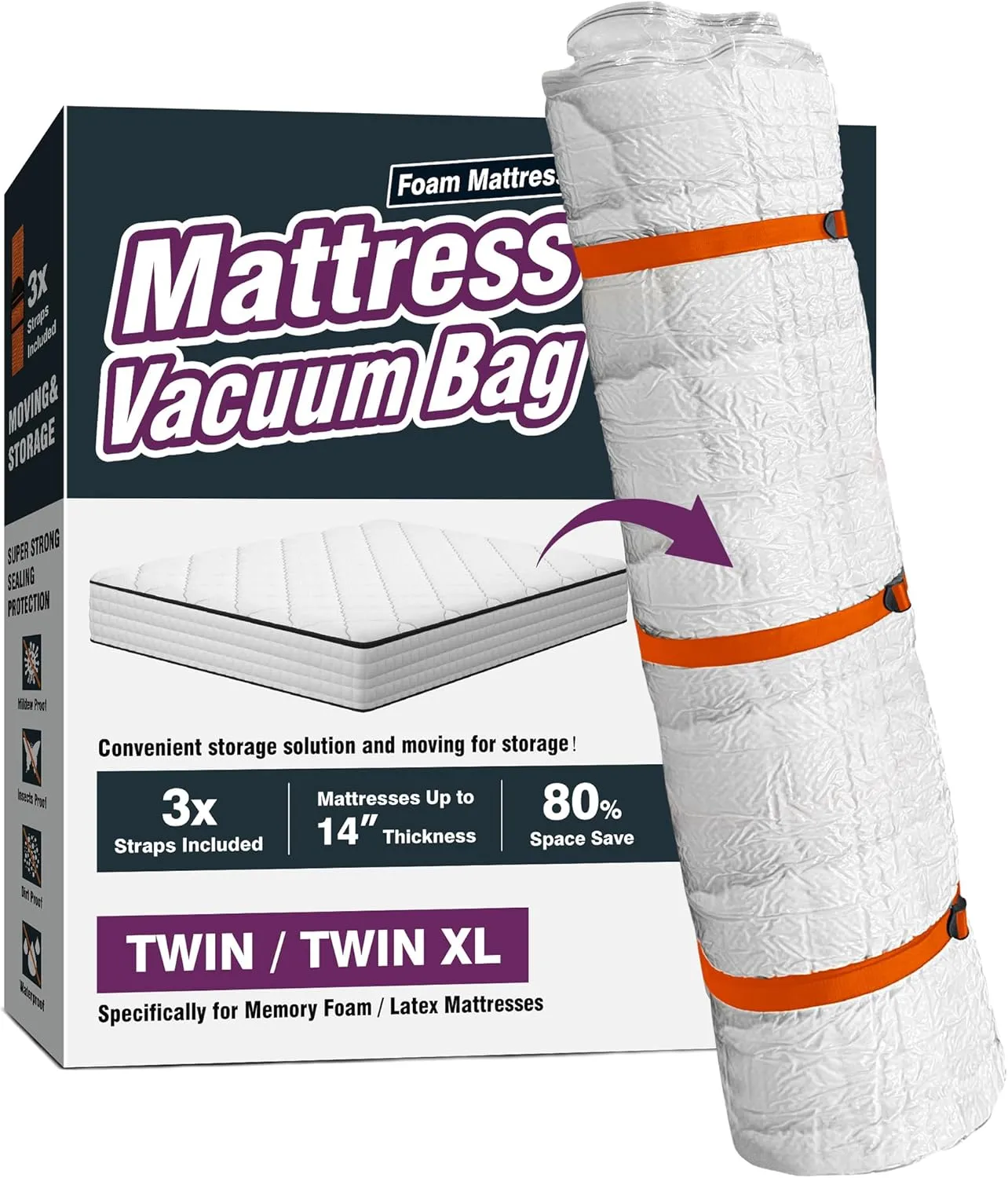 Vacuum Mattress Bag for Memory Foam and Latex with Band, Ideal for Convenient Moving, Storage and Transportation (Twin/Twin-XL)