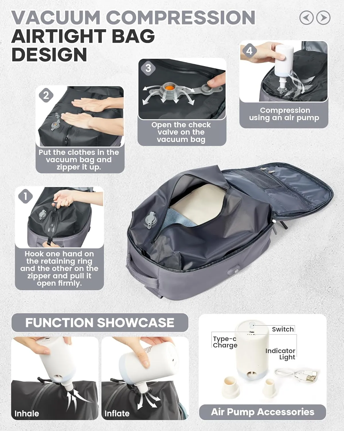 Vacuum Seal Backpack for Travel with Air Pump Vacpack Airback Carry on Flight Approved Compression Daypack Laptop Space Saver Bags Storage with Vacuum System 18x14x8 inches Travel Bag Women Men Grey