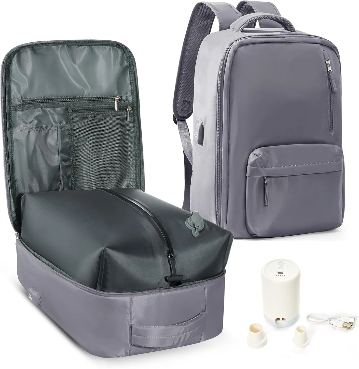 Vacuum Seal Backpack for Travel with Air Pump Vacpack Airback Carry on Flight Approved Compression Daypack Laptop Space Saver Bags Storage with Vacuum System 18x14x8 inches Travel Bag Women Men Grey