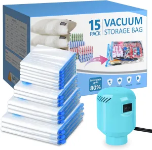 Vacuum Seal Bags for Clothing with Electric Pump, 15 Pack (3 Jumbo 3 Large 3 Medium 3 Small 3 Roll Up) Space Bags Vacuum Storage Bag for Travel, Luggage, Blankets, Bedding