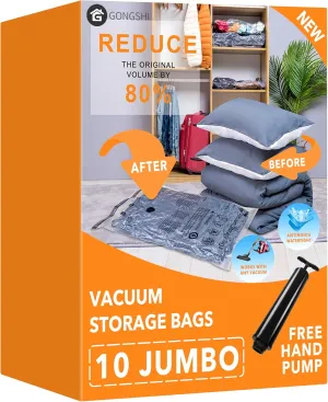 Vacuum Storage Bags (10 x Jumbo), Space Saver Sealer Compression Bags with Travel Hand Pump for Blankets, Comforters, Pillows, Clothes Storage