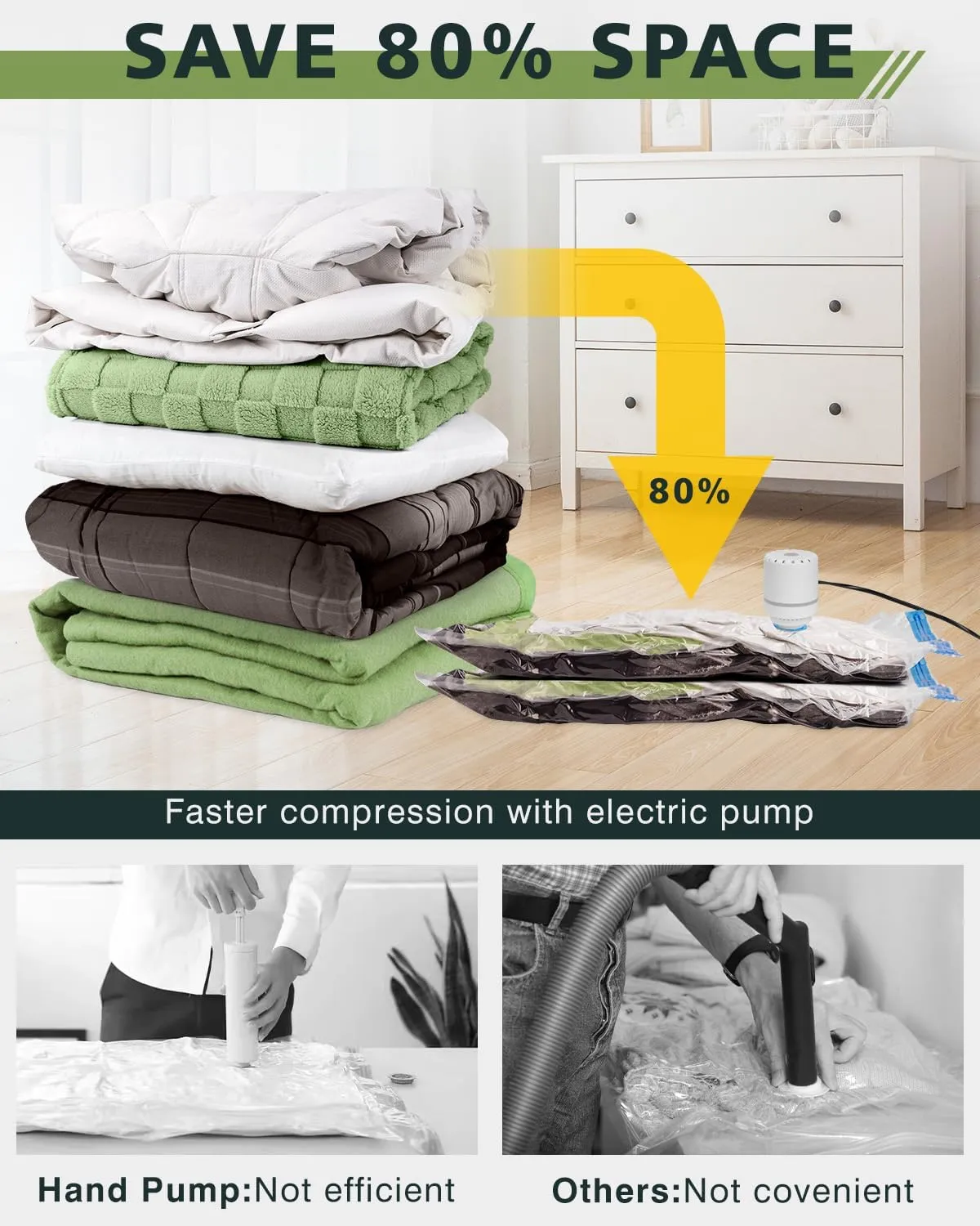 Vacuum Storage Bags (20 Pack) Space Saver Bags with 1 Electric Air Pump Vacuum Seal Bags Compression Bags for Clothes Blanket Duvets Pillows Comforters Travel Moving