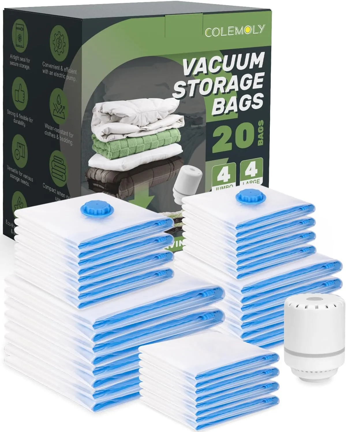 Vacuum Storage Bags (20 Pack) Space Saver Bags with 1 Electric Air Pump Vacuum Seal Bags Compression Bags for Clothes Blanket Duvets Pillows Comforters Travel Moving