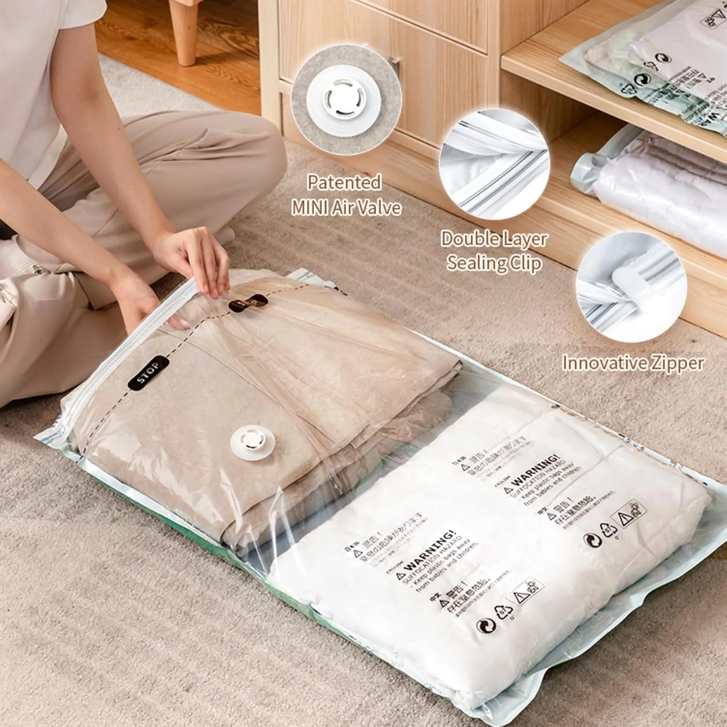 Vacuum Storage Bags, 5 Pack Jumbo Compression Bags for travel, Storage Bags Vacuum Sealed, Vacuum Bags for Travel, Home (No Need to Remove the Valve Cover)