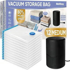 Vacuum Storage Bags with Electric Air Pump, 12 Medium (27.5x19,5in), Space Saver Bags with Pump, Storage Vacuum Sealed Bags for Clothes, Comforters, Blankets, Bedding
