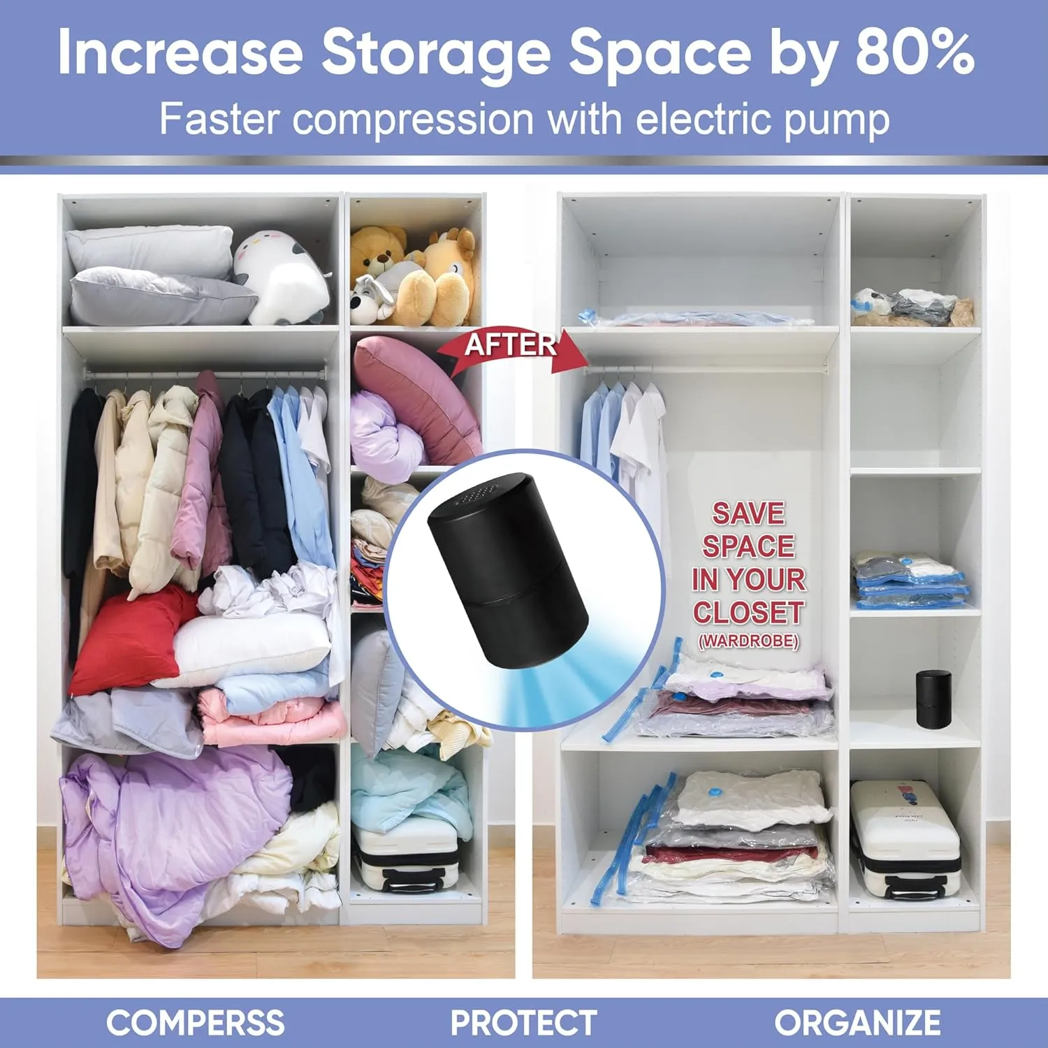 Vacuum Storage Bags with Electric Air Pump, 12 Medium (27.5x19,5in), Space Saver Bags with Pump, Storage Vacuum Sealed Bags for Clothes, Comforters, Blankets, Bedding