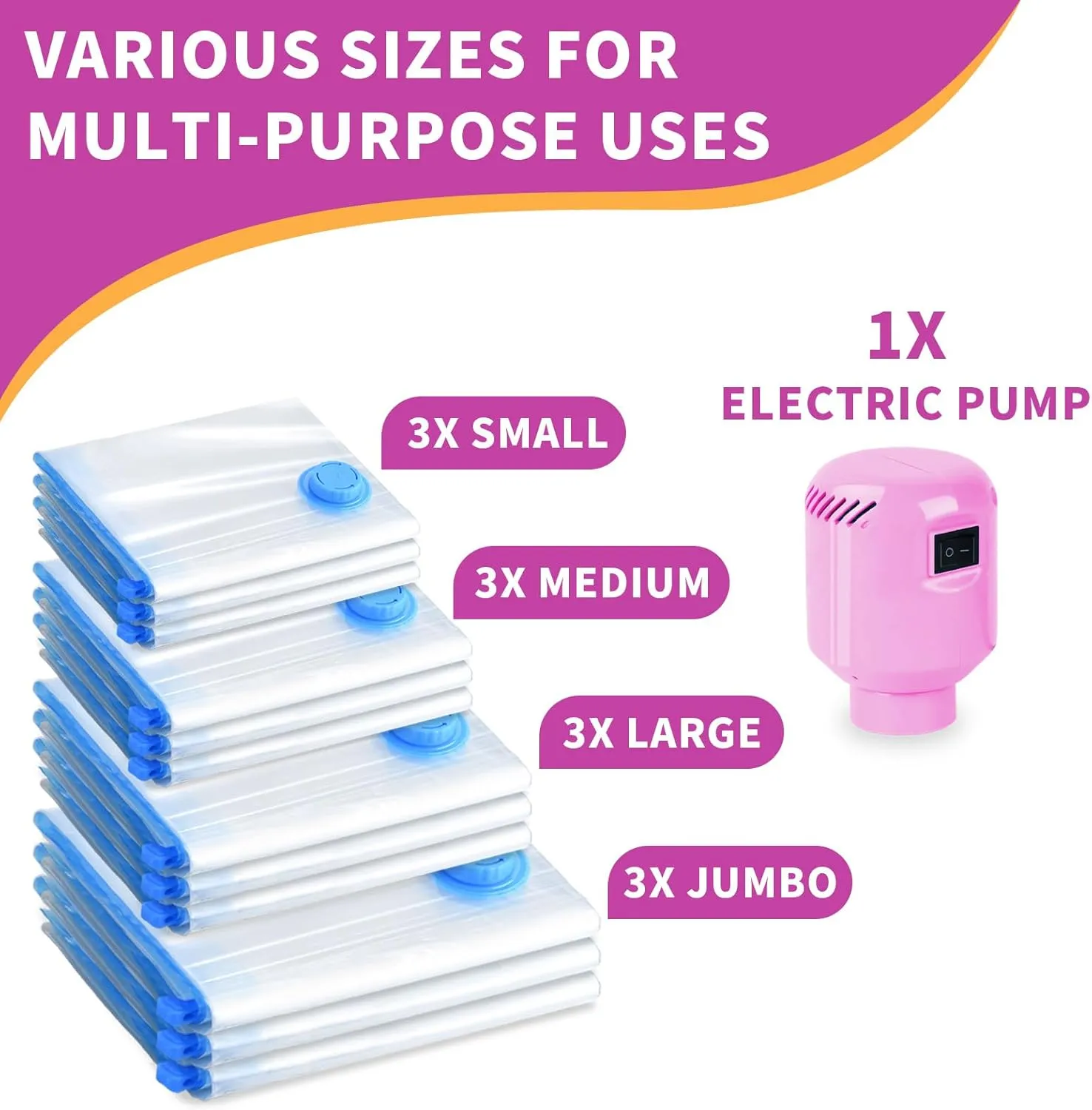 Vacuum Storage Bags with Electric Pump, 12 Pack (3 Jumbo, 3 Large, 3 Medium, 3 Small) Vacuum Seal Bags for Clothes, Bedding, Mattress, Blankets, Travel