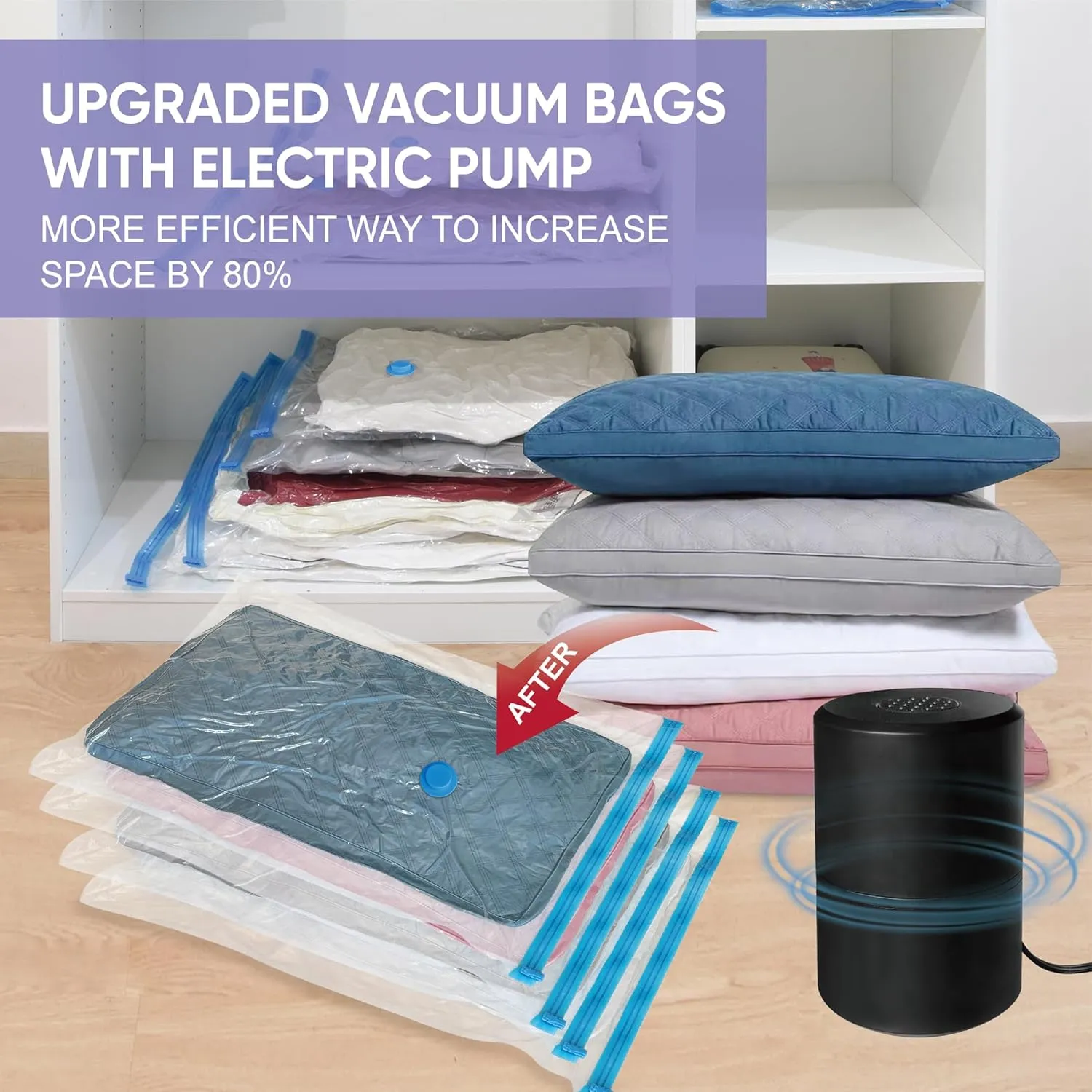 Vacuum Storage Bags with Electric Pump, 22 Combo (3Large/3Jumbo/8Medium/8Small) Space Saver Bags Vacuum Seal Bags with Pump, Space Bags, Comforters, Blankets, Beddings