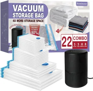 Vacuum Storage Bags with Electric Pump, 22 Combo (3Large/3Jumbo/8Medium/8Small) Space Saver Bags Vacuum Seal Bags with Pump, Space Bags, Comforters, Blankets, Beddings