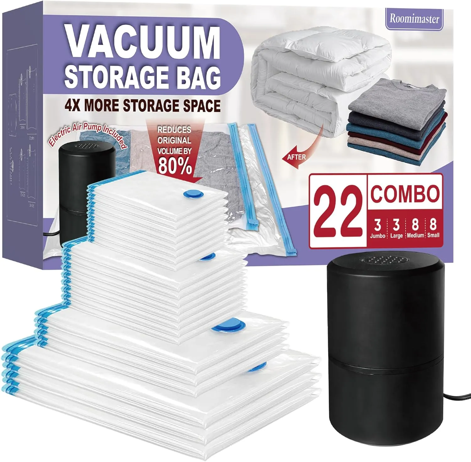 Vacuum Storage Bags with Electric Pump, 22 Combo (3Large/3Jumbo/8Medium/8Small) Space Saver Bags Vacuum Seal Bags with Pump, Space Bags, Comforters, Blankets, Beddings