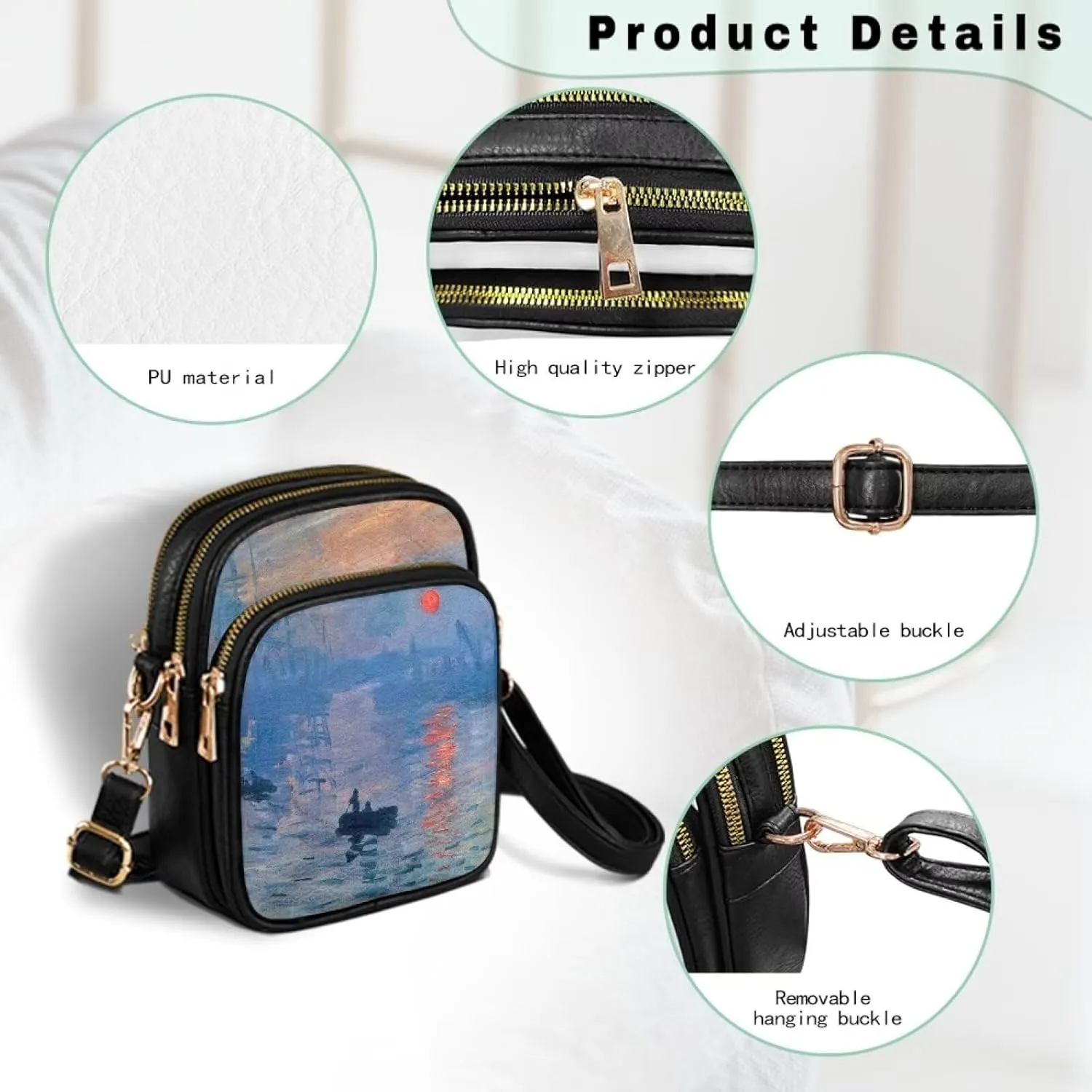 Van Gogh Art Cell Phone Purse Crossbody Bags for Women, Monet Artwork PU Leather Cellphone Bag Small Travel Purses
