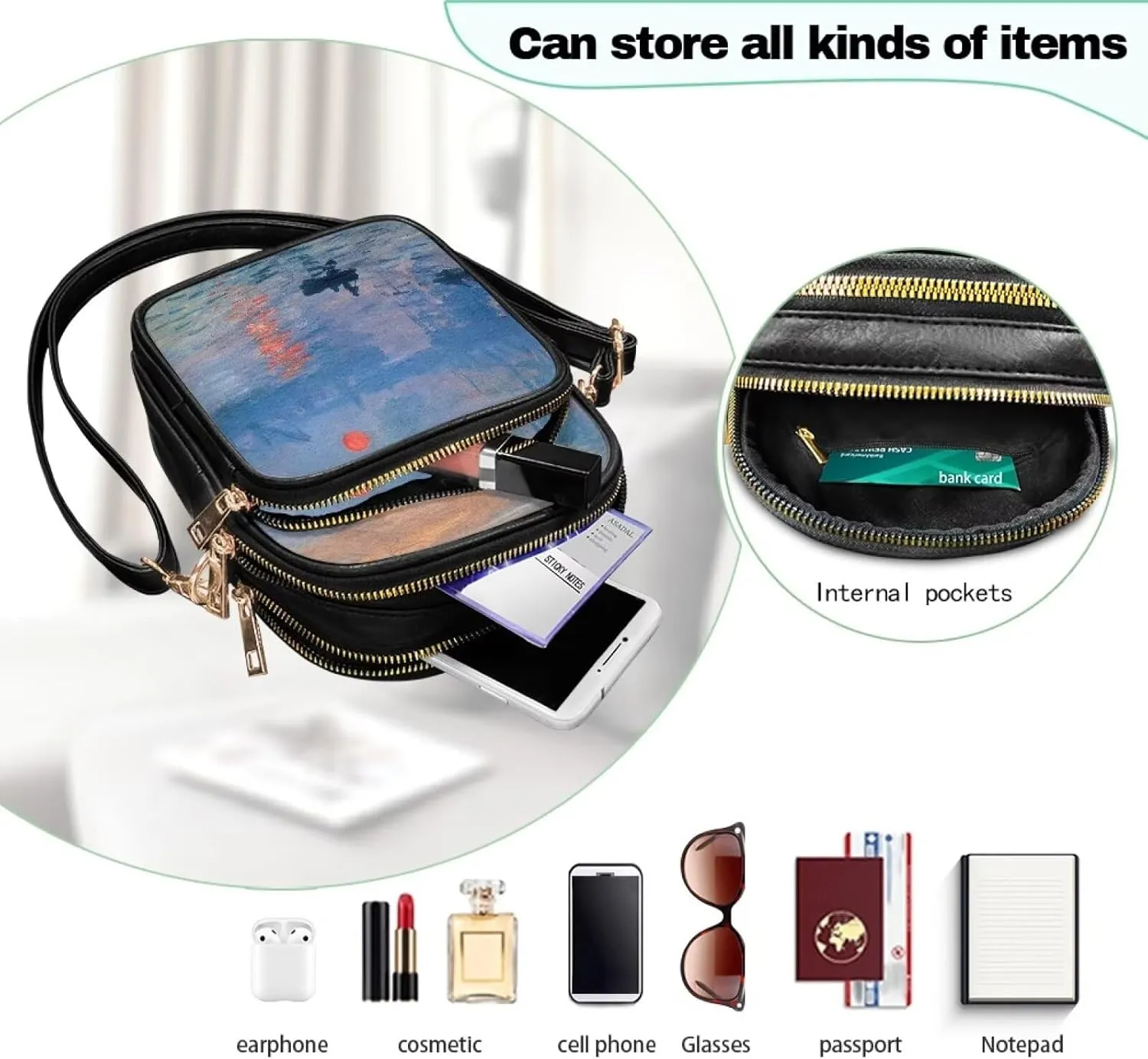 Van Gogh Art Cell Phone Purse Crossbody Bags for Women, Monet Artwork PU Leather Cellphone Bag Small Travel Purses