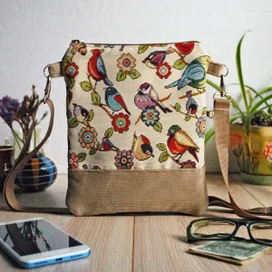 Velvet Crossbody Bag Birds, Over Shoulder Pouch, Tapestry Crossover Purse