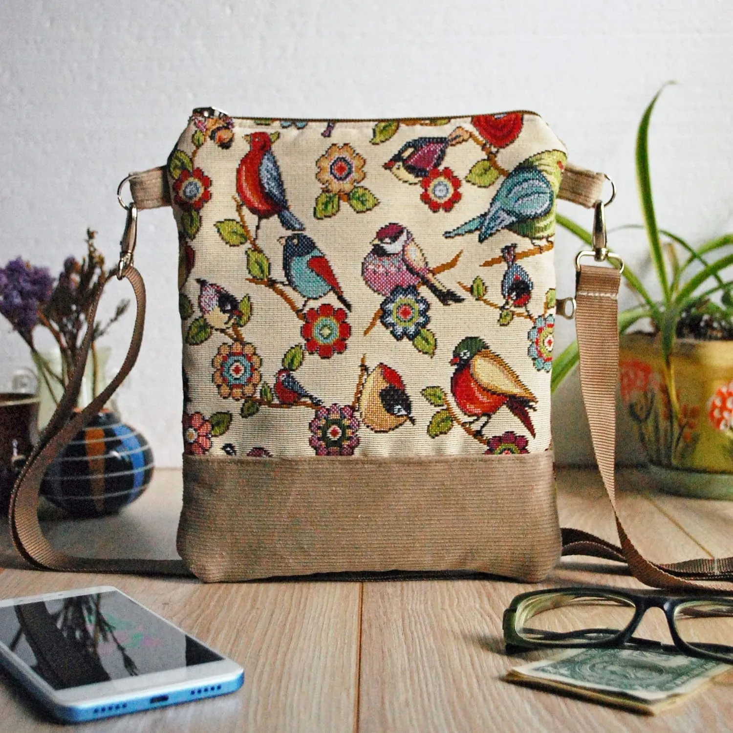 Velvet Crossbody Bag Birds, Over Shoulder Pouch, Tapestry Crossover Purse