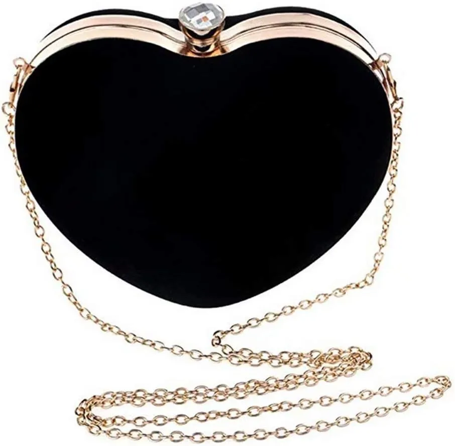 Velvet Heart Shape Clutch Purses for Women Evening Party Tote with Shoulder Chain