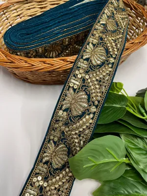 Velvet Lace Design with Zari Work Lace Reel for Dupatta, Kurtis, Suits, Bags, and Lehengas (9 Mtr) | Firozi