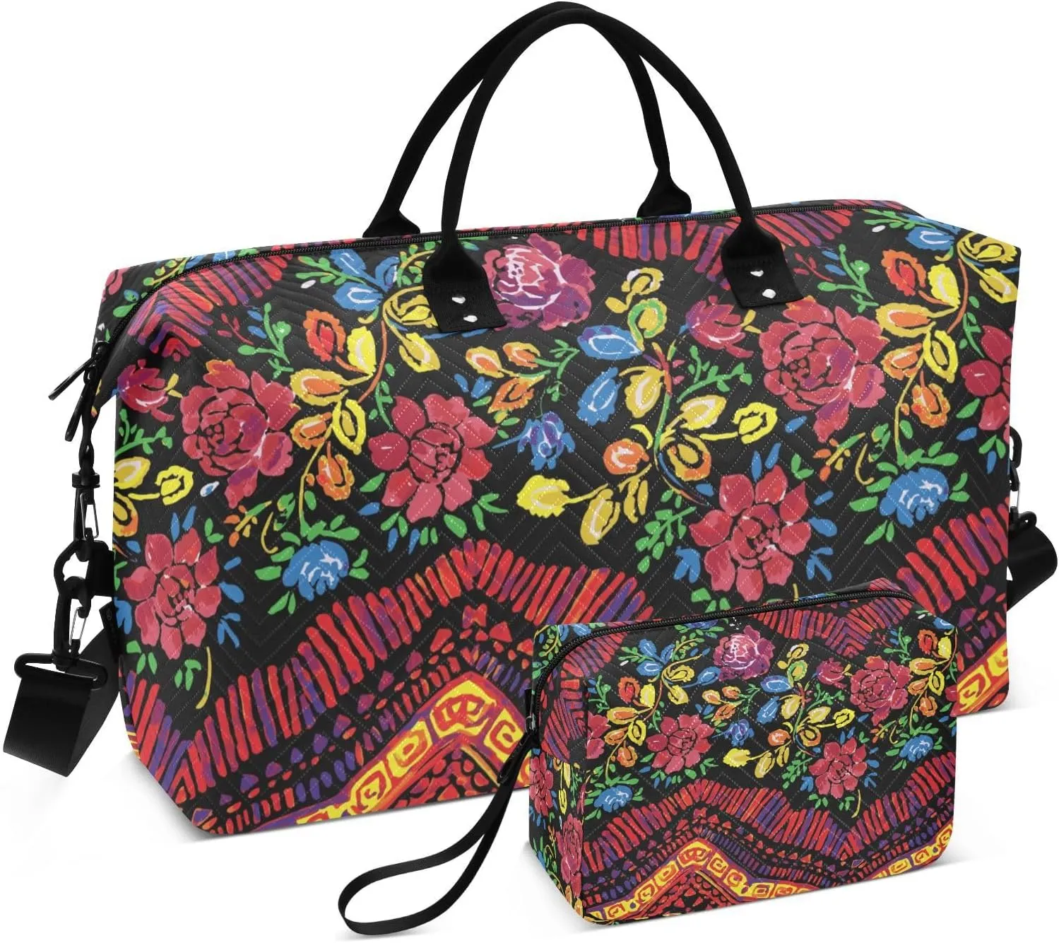 VIGTRO Travel Duffel Bag Weekender Overnight Bag with Toiletry Bag Vintage Traditional Bohemian Printed, Carry On Luggage Bag Mexican Russian Art for Hospital Gym Travel Business, 2 Pcs Set