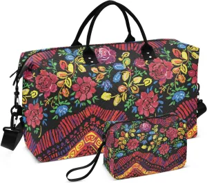 VIGTRO Travel Duffel Bag Weekender Overnight Bag with Toiletry Bag Vintage Traditional Bohemian Printed, Carry On Luggage Bag Mexican Russian Art for Hospital Gym Travel Business, 2 Pcs Set