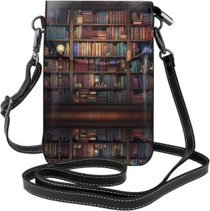 Vintage Bookshelf Patterns Small Crossbody Bags for Women Travel Cell Phone Pouch PU Leather Cross Body Bag Adjustable Shoulder Strap Phone Purses Lightweight Wallet Purse with Credit Card Slots