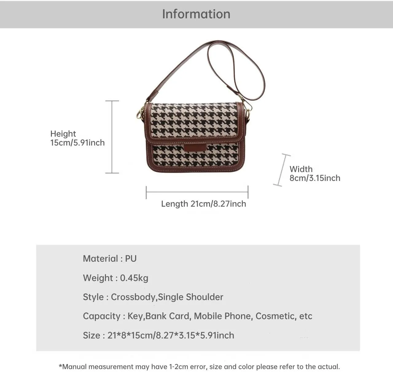 Vintage Plaid Shoulder Bag For Women Crossbody Bag, Brown/Black PU Leather Trim, Adjustable Shoulder Strap