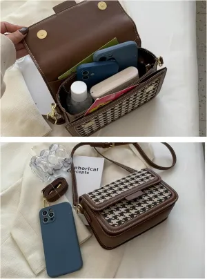 Vintage Plaid Shoulder Bag For Women Crossbody Bag, Brown/Black PU Leather Trim, Adjustable Shoulder Strap
