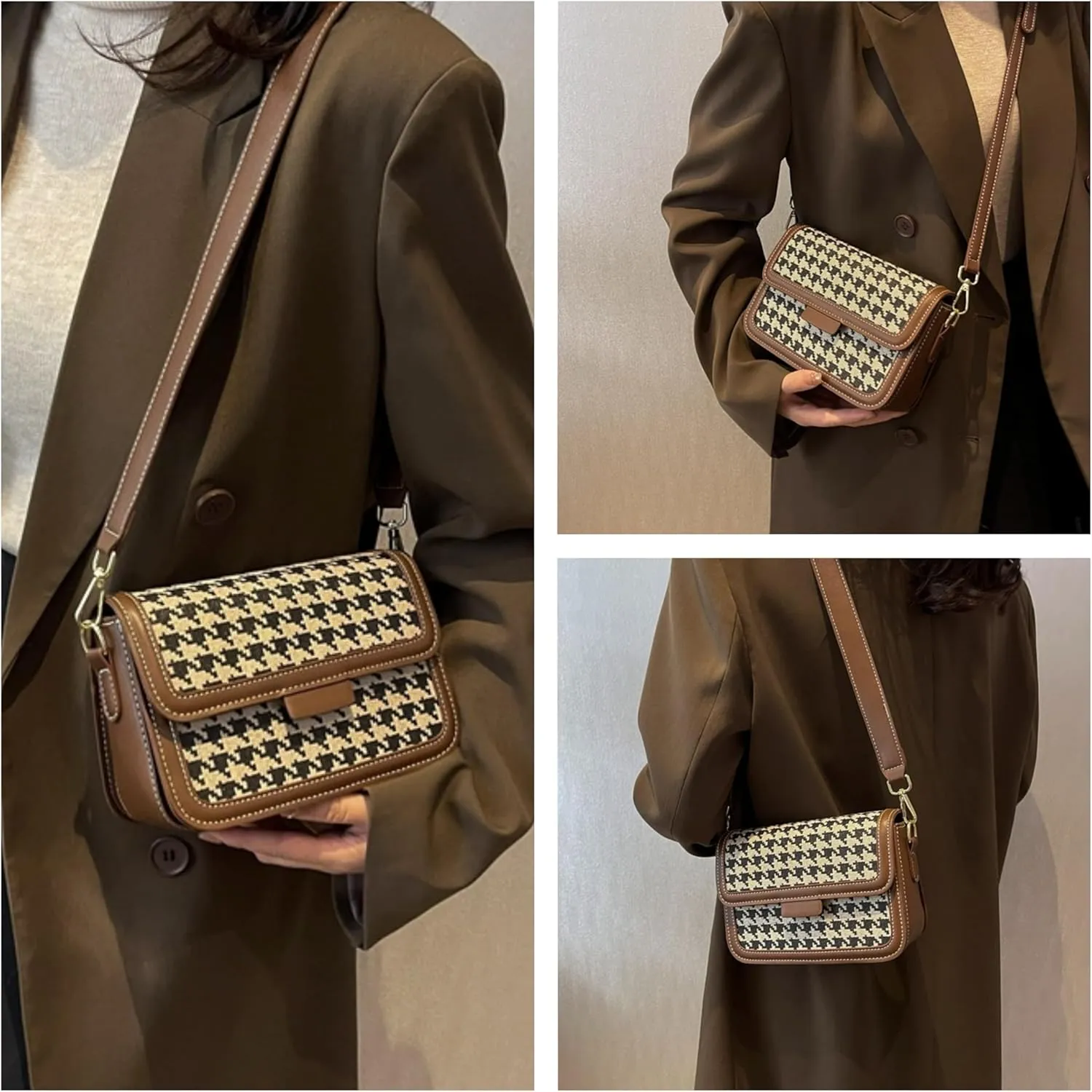 Vintage Plaid Shoulder Bag For Women Crossbody Bag, Brown/Black PU Leather Trim, Adjustable Shoulder Strap