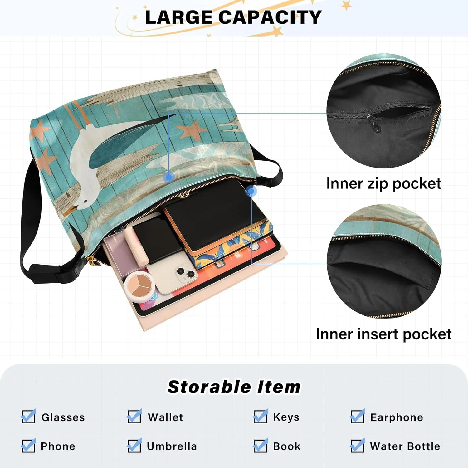 Vintage Plank Scratch Ocean Seabird Bag with Zipper and Pockets, Leather Crossbody Bag, Woman Leather Bag
