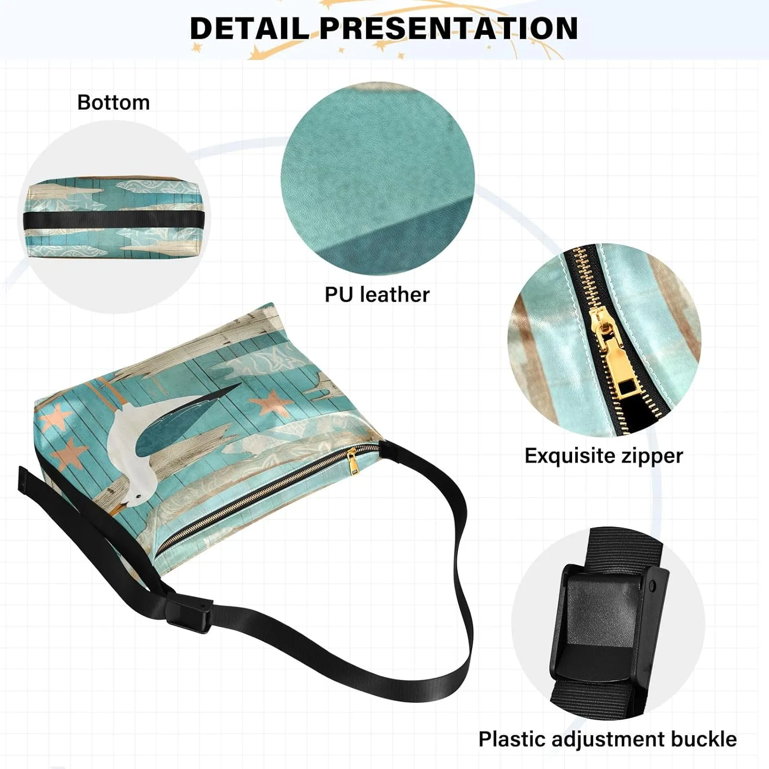 Vintage Plank Scratch Ocean Seabird Bag with Zipper and Pockets, Leather Crossbody Bag, Woman Leather Bag