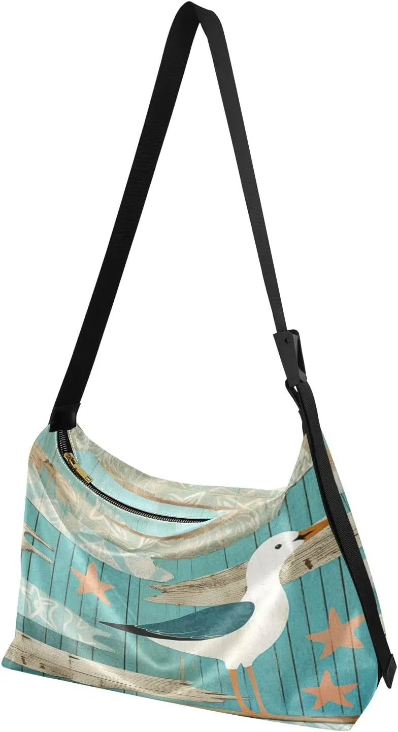 Vintage Plank Scratch Ocean Seabird Bag with Zipper and Pockets, Leather Crossbody Bag, Woman Leather Bag