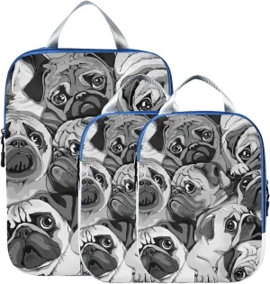 Vintage Pug Dogs Puppies Black White Pattern 3 Set Packing Cubes, Travel Packing Organizers for Suitcases, Waterproof Check Oxford Toiletry Compression Luggage Storage Bag