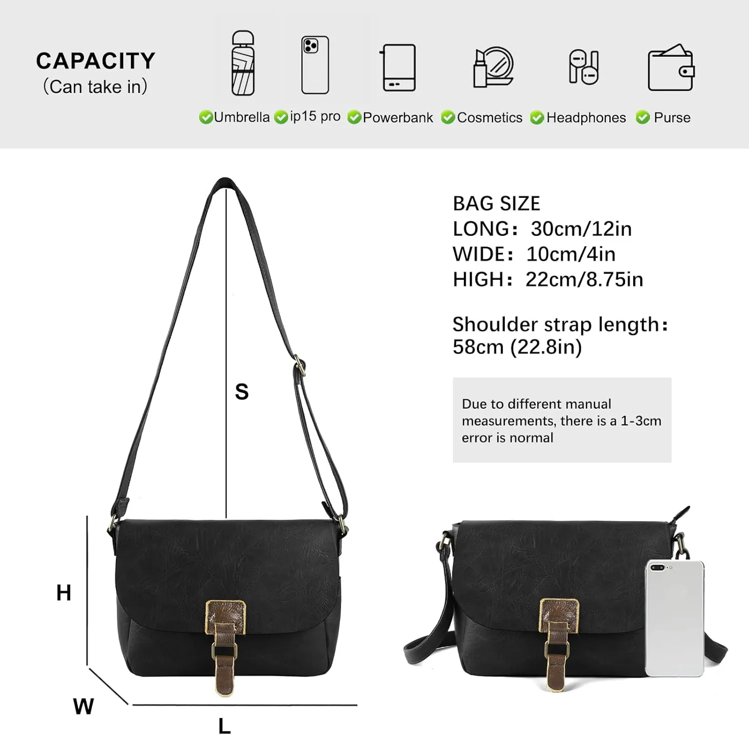 Vintage Style Vegan Leather Crossbody Bag, Brown Shoulder Purse with Built-in Wallet