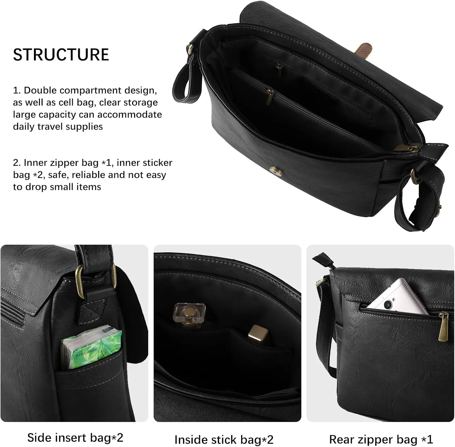 Vintage Style Vegan Leather Crossbody Bag, Brown Shoulder Purse with Built-in Wallet