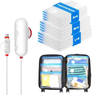 VMstr 12 Pack Travel Vacuum Storage Bags with USB Electric Pump, Compression Bags for Travel, Space Saver for Clothes ans Clothing