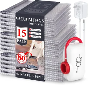 VMstr 15 Pack Travel Vacuum Storage Bags With High Pressure Electric Pump(D/C Power), Compression Sealing for Clothes and Clothing Luggage Suitcase Packing, Carry-on Travel Size