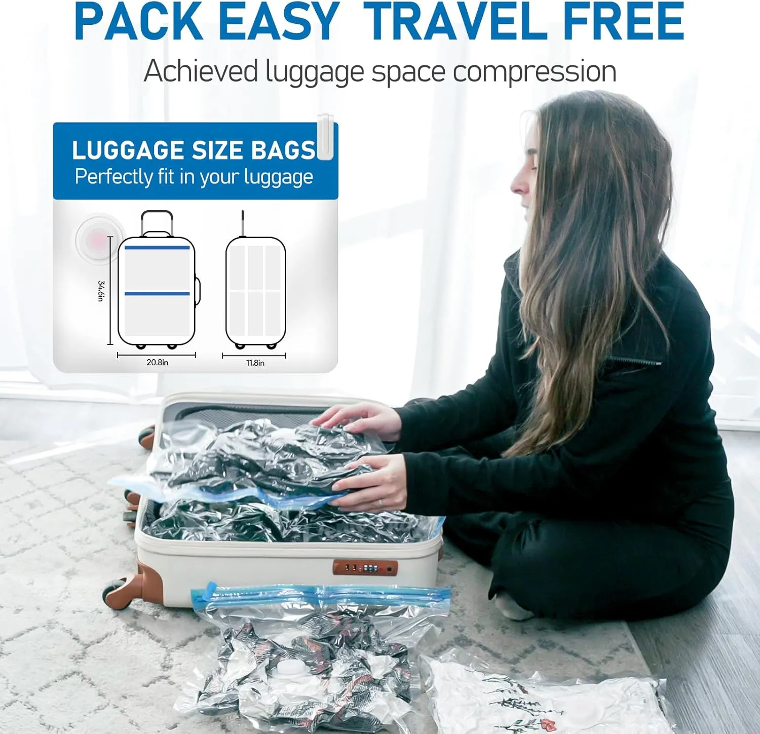 VMstr 15 Pack Travel Vacuum Storage Bags with USB Pump, Vacuum Packing Seal for Luggage and Suitcase, Space Saver for Clothes and Clothing Travel