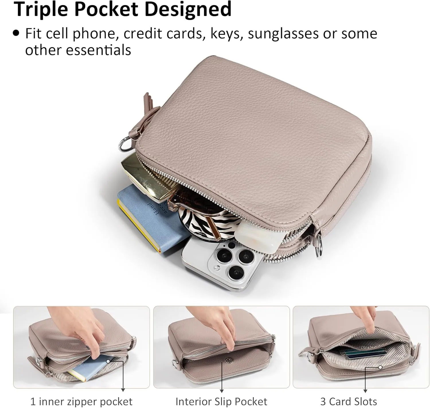 VONAL Leather Crossbody Purse for Women Triple Pockets Designed Shoulder Bag