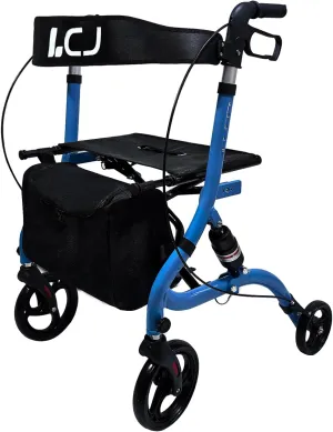 Walker for Seniors,Foldable Walker with Seat,8-inch Front Wheel,6-inch Rear Wheel,Height-Adjustable Seat,Equipped with Shopping Bag,for Elderly,Supports up to 300 lbs (Blue-Shock-Absorbing Design)