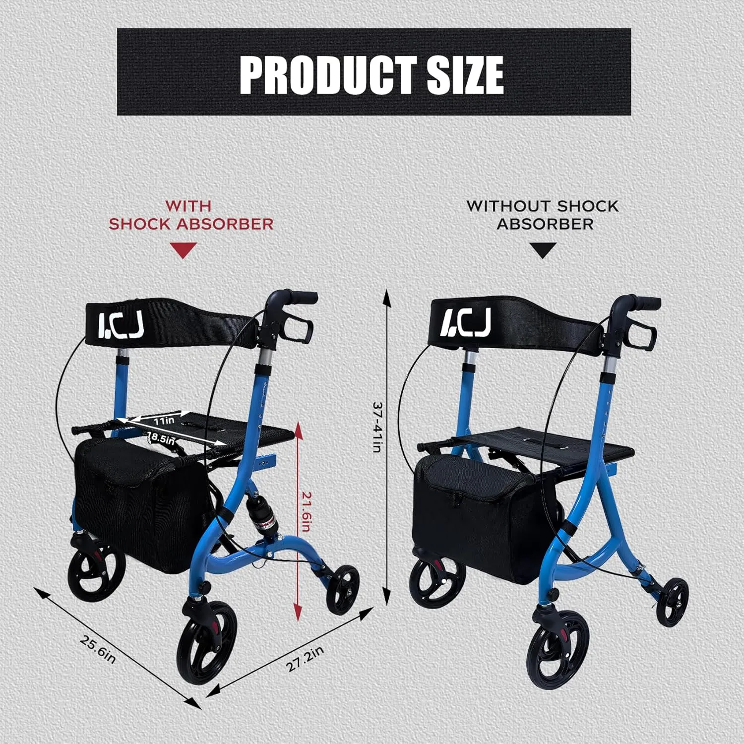 Walker for Seniors,Foldable Walker with Seat,8-inch Front Wheel,6-inch Rear Wheel,Height-Adjustable Seat,Equipped with Shopping Bag,for Elderly,Supports up to 300 lbs (Blue-Shock-Absorbing Design)