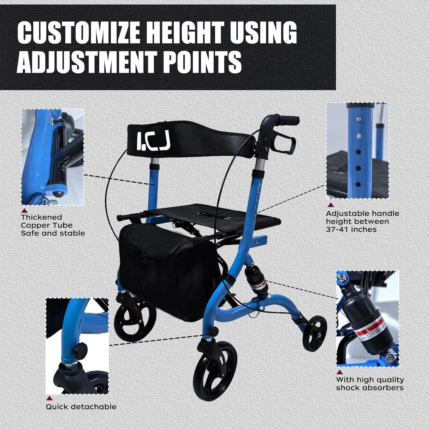 Walker for Seniors,Foldable Walker with Seat,8-inch Front Wheel,6-inch Rear Wheel,Height-Adjustable Seat,Equipped with Shopping Bag,for Elderly,Supports up to 300 lbs (Blue-Shock-Absorbing Design)